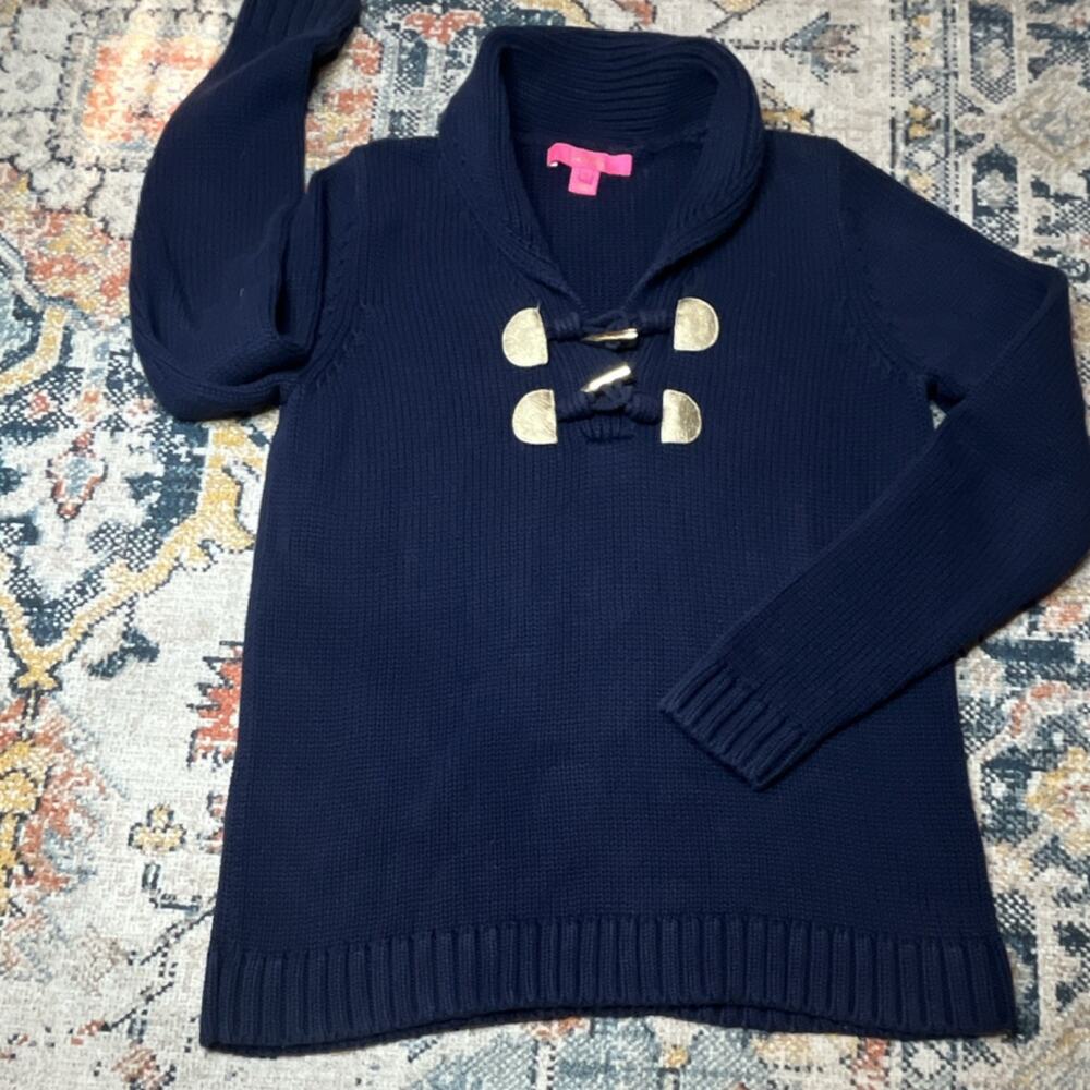 Lilly Pulitzer Bainbridge Navy Gold Toggle Shawl Collar Sweater Size M Cotton